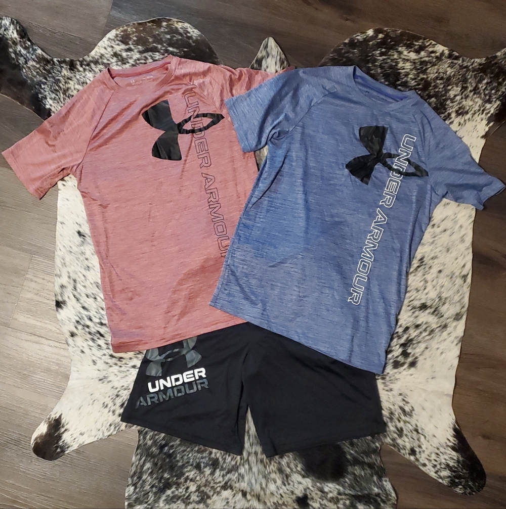 Final Price Drop Under Armour Red and Blue T-Shirts with Black Shorts